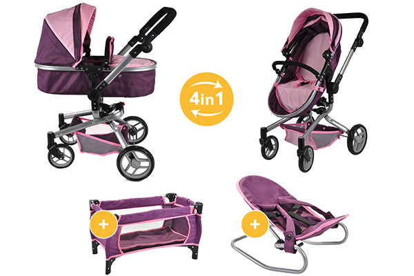 Puppenwagen-Buggy, Bett und Wippe.