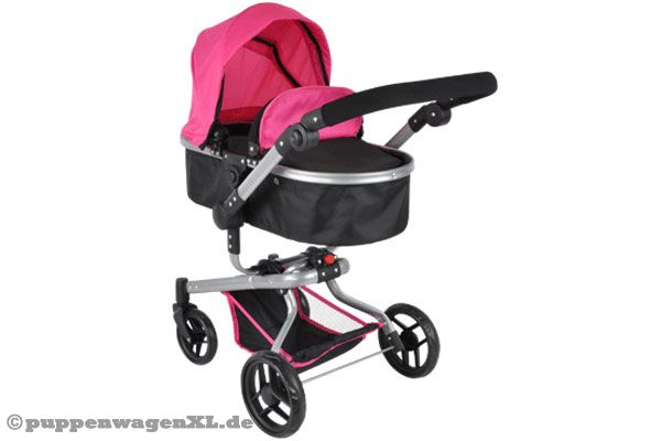 Schwarzer Puppenwagen mit moderner Ausstrahlung.