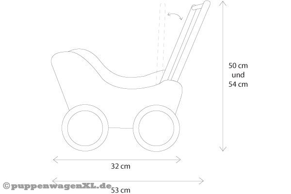 Detailskizze mit Abmessungen des Little Angel Puppenwagens.