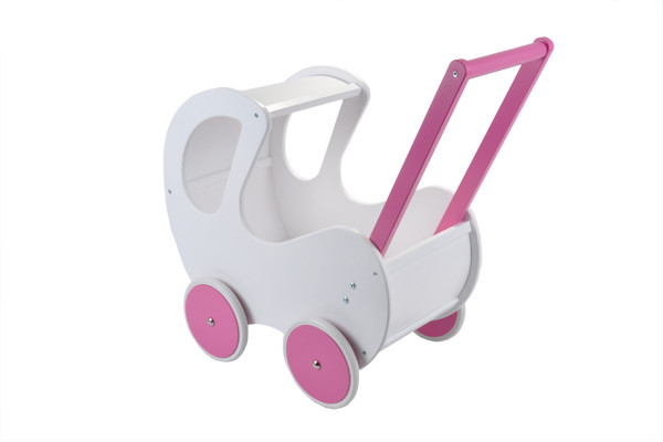 Holz Puppenwagen Sweet Angel Fuchsia mit Details in Pink.