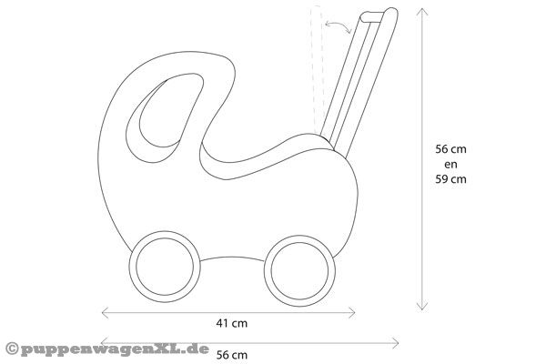 Detailskizze mit Abmessungen des Sweet Angel Puppenwagens.