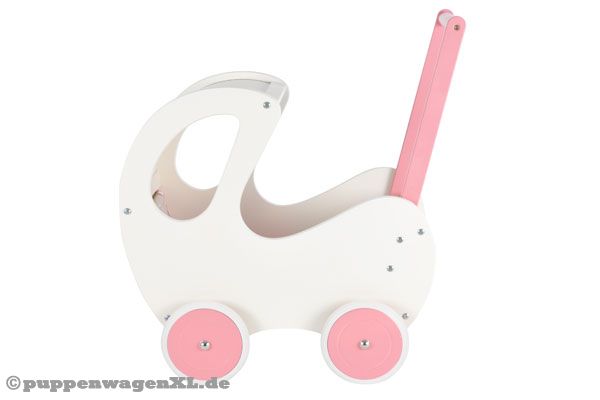 Das feste Verdeck des Holz Puppenwagens hat Seitenfenster.