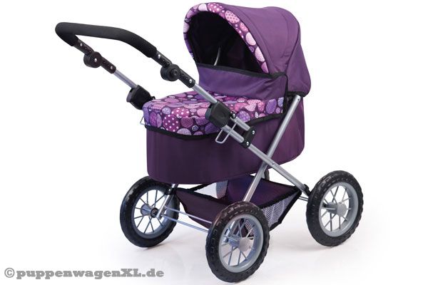 Lila Puppenwagen mit höhenverstellbarem Griff: 35 - 68 cm.