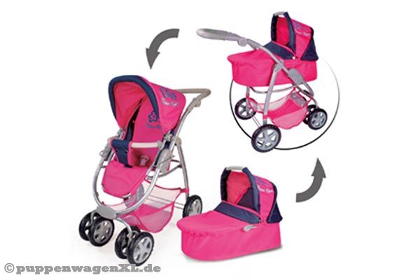 Multifunktionales Set: Puppenwagen, Buggy und Wiege in einem.