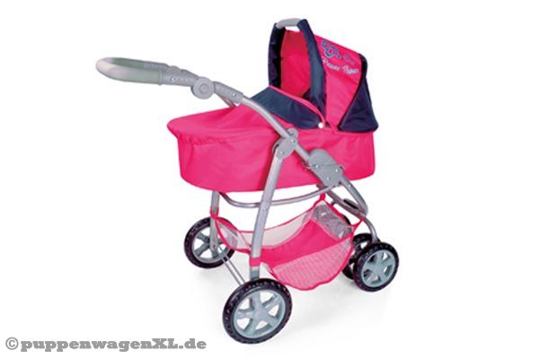 Pinker Puppenwagen mit Schwenkrädern.