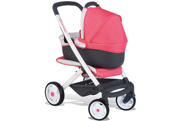 Moderner Puppenwagen mit schwenkbaren Vorderrädern.
